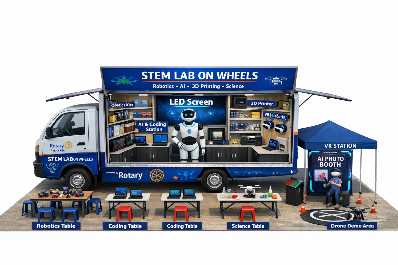STEM Lab on Wheels interior technology stations, robotics and AI learning setup