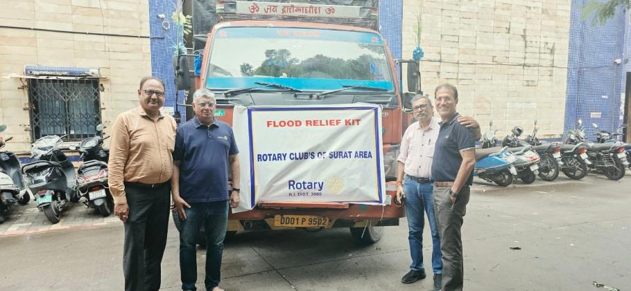 Rotary Flood Relief Kit vehicle dispatch by Surat area clubs