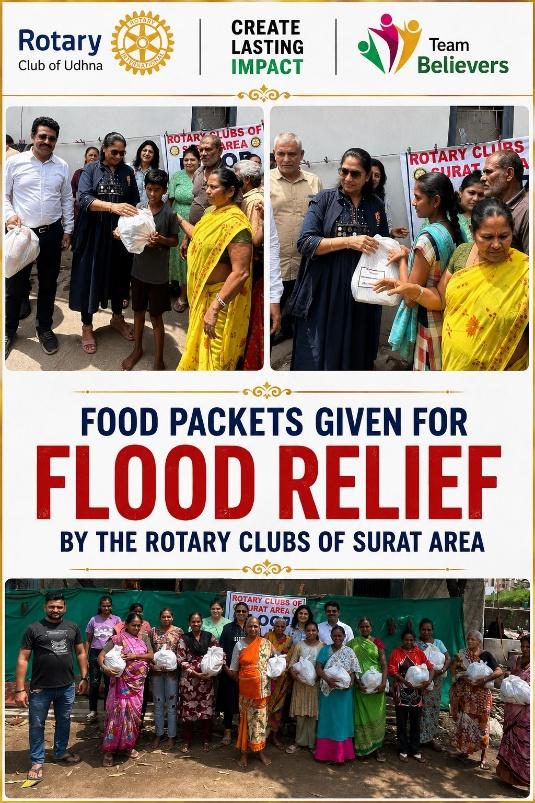 Food packets given for flood relief by Rotary Clubs of Surat area