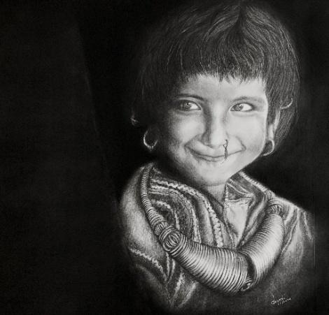 Best Artwork of the Month - Title: Innocence (Baby) | Size: 2.5ft * 2.5ft | Medium: Charcoal on paper